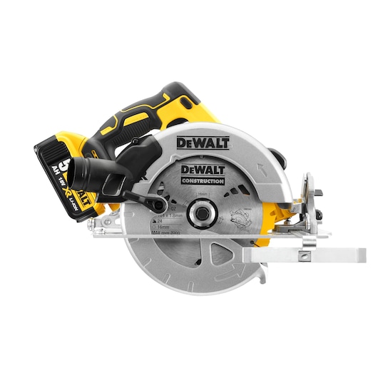DEWALT cordless circular saw with yellow and black handle, construction blade, and battery attached.