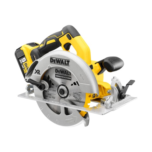 DEWALT cordless circular saw with yellow and black body, silver blade guard, and 18V battery.