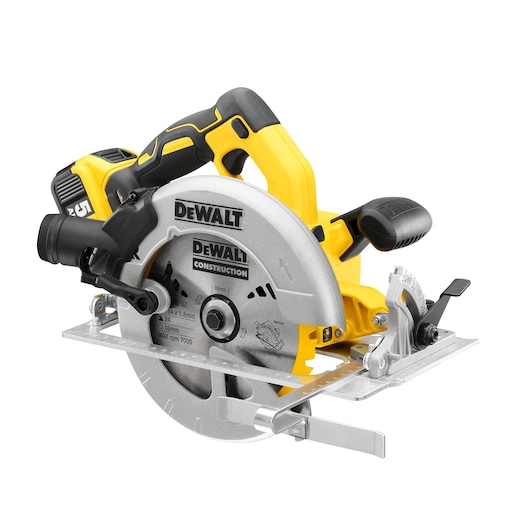 Cordless DEWALT circular saw with yellow and black design, featuring a blade and ergonomic handle.
