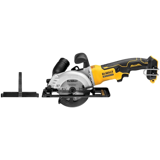 DEWALT cordless saw DCS571NT-XJ and DCS571NT, yellow and black, with side guide. Photography category.