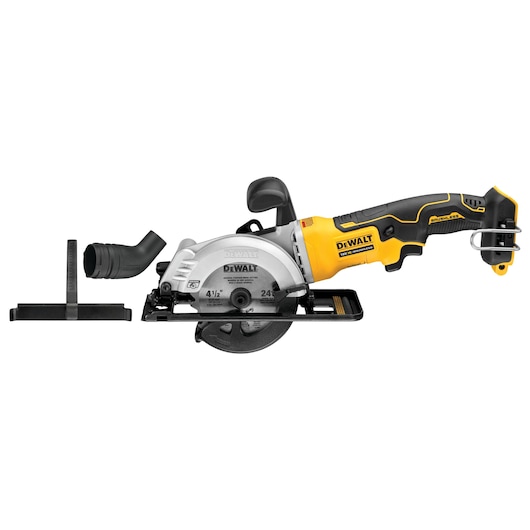 DEWALT compact saw DCS571NT-XJ, DCS571NT with accessories, used in photography. Yellow-black design.
