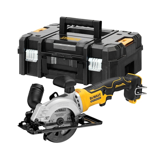 A DEWALT cordless compact circular saw with a black and yellow design, shown in front of a matching black DEWALT storage case with metal clasps and a sturdy handle.
