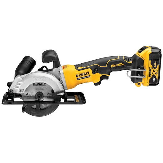 DEWALT DCS571P2 compact cordless circular saw with brushless motor and 18V battery.