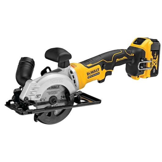 DEWALT cordless compact circular saw with 18V battery, black and yellow design, side handle visible.