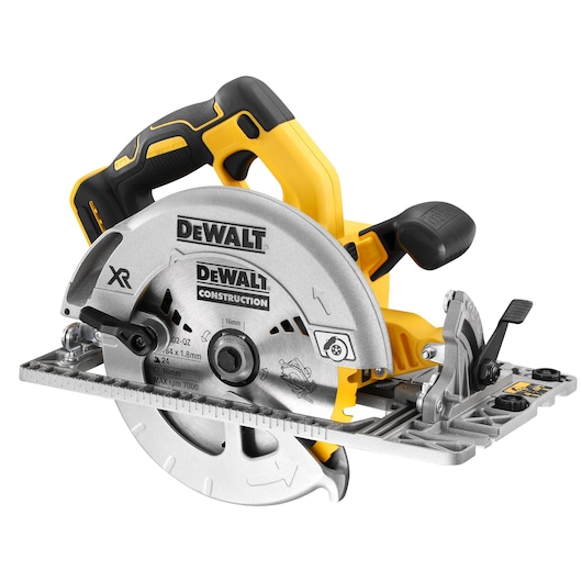 DEWALT cordless circular saw with ergonomic handle and metal blade guard.