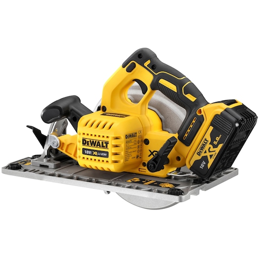 DEWALT 18V cordless circular saw with yellow and black body, battery pack, metal base, and ergonomic handle.
