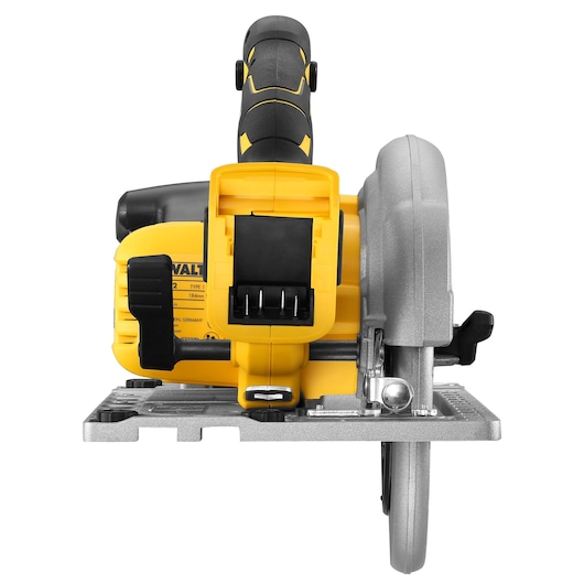 Front view of a DEWALT cordless circular saw with a yellow and black handle and silver cutting blade.