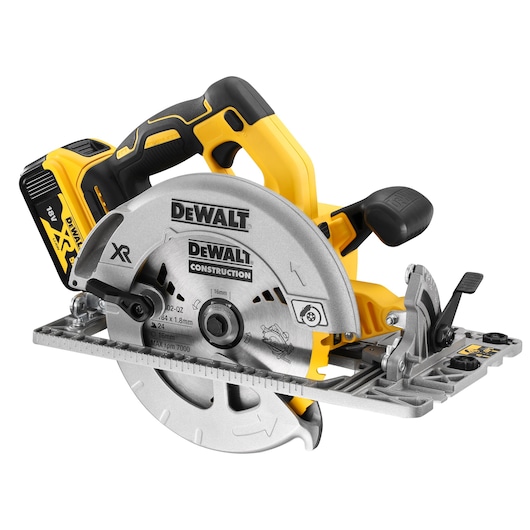 DEWALT cordless circular saw with visible blade, handle, and battery pack, model DCS572P2 for construction use.