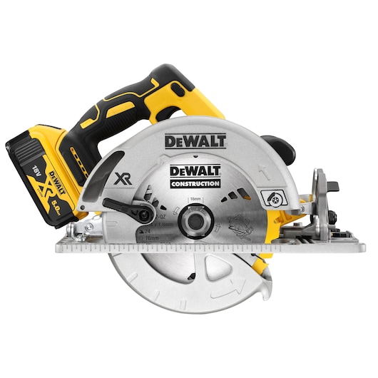 DEWALT cordless circular saw, model DCS572P2, with blade and battery visible, used for construction cutting tasks.