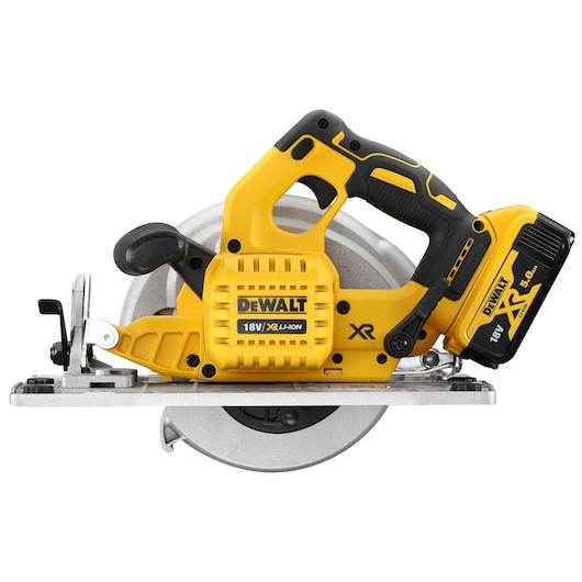 DEWALT DCS572P2 18V XR Li-Ion cordless circular saw with yellow and black design for wood cutting.