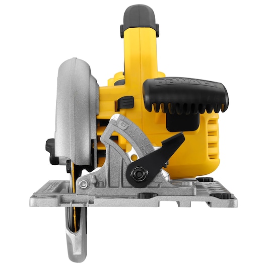 Front view of a DEWALT cordless circular saw with a yellow body and black handle.