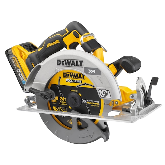A DEWALT cordless circular saw, model DCS573H2T, featuring a yellow and black design. The tool is equipped with a brushless motor and XR Extreme Runtime blade, with a visible battery pack attached.