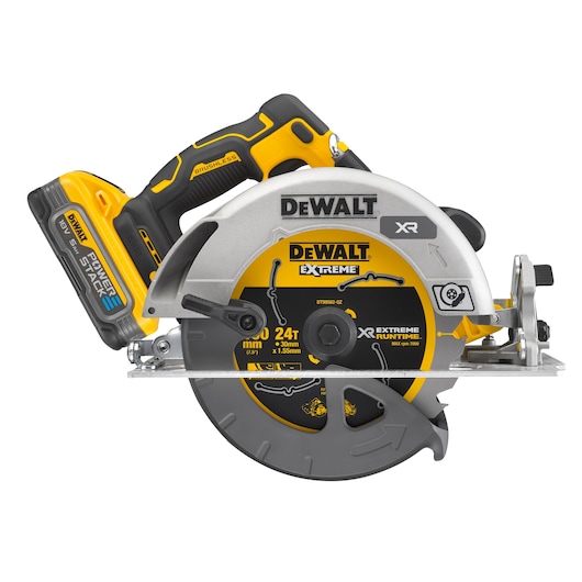 A DEWALT cordless circular saw with a POWERSTACK battery, featuring a yellow and black design. The blade cover has DEWALT Extreme branding and technical details. The saw is designed for professional cutting tasks.