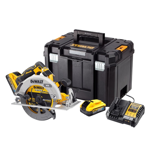 A DEWALT cordless circular saw kit including a yellow and black circular saw, two batteries, a battery charger and a large black carrying case.