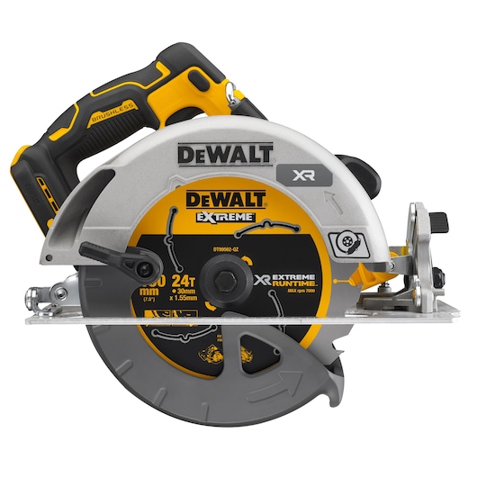 DEWALT DCS573NT cordless circular saw with a yellow and black brushless handle, featuring a silver circular blade cover and prominent DEWALT XR branding.