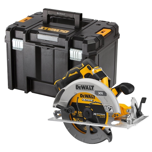 DEWALT cordless circular saw with a sturdy carrying case, ideal for woodworking and construction tasks.