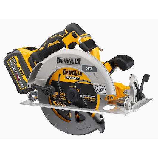 DEWALT cordless circular saw with black and yellow handle, battery attached and blade guard.
