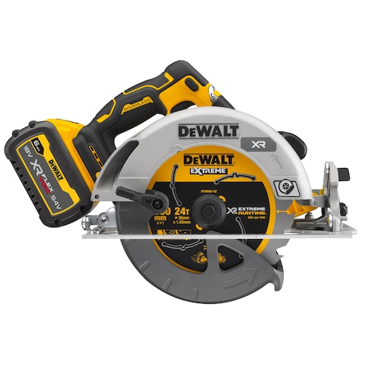 DEWALT cordless circular saw DCS573T1 with battery, featuring yellow and black design and marked blade.