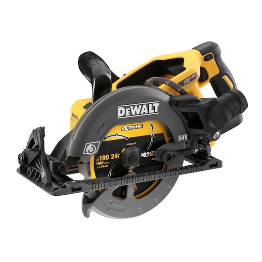 A close-up image of a DEWALT DCS577N 54V cordless circular saw, featuring a yellow and black body, blade guard, and handle with visible branding and specification labels.