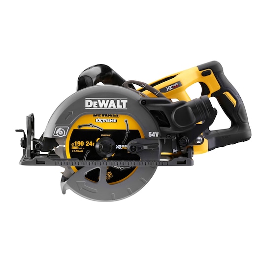A DEWALT DCS577N cordless circular saw with a yellow and black design, featuring a visible blade and ergonomic handle.