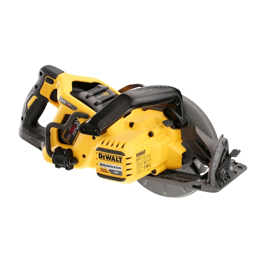 DEWALT cordless circular saw with yellow and black design, model DCS577T2, shown from side angle.