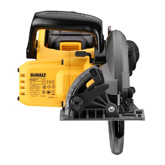 Front view of a DEWALT DCS577T2 yellow cordless circular saw with handle, blade guard, and product label visible.