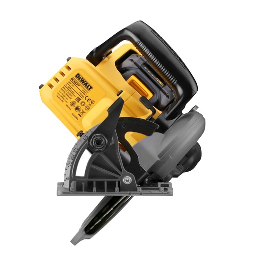 DEWALT cordless circular saw with ergonomic handle and adjustable base, shown angled on a white background.