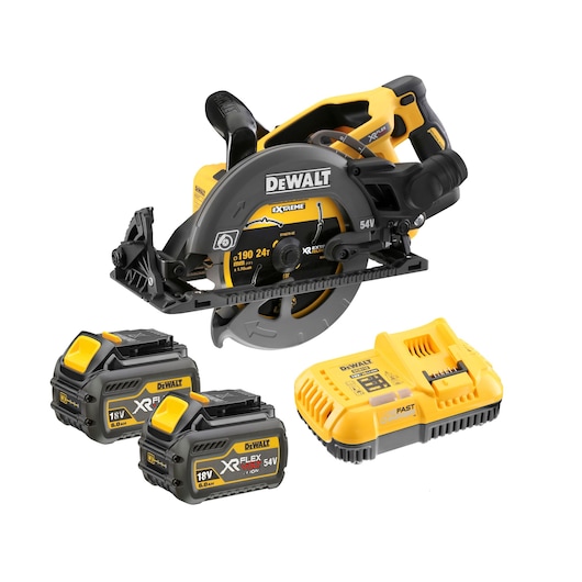 DEWALT cordless circular saw with two batteries and a charger, suitable for woodworking and construction tasks.