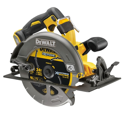 DEWALT cordless circular saw with yellow and black design, ergonomic grip, and visible blade guard.
