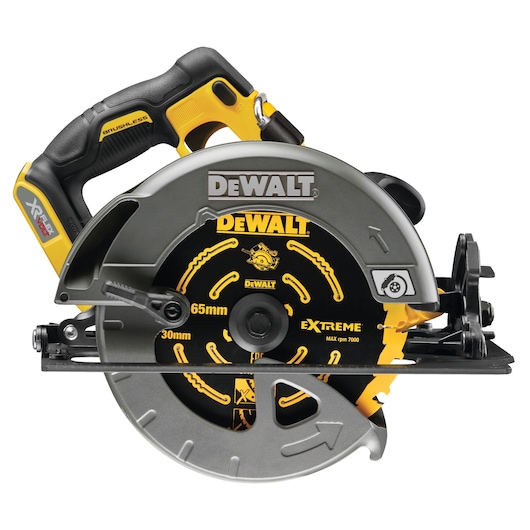DEWALT cordless circular saw with a black and yellow design, model DCS578NT, for cutting wood and other materials.