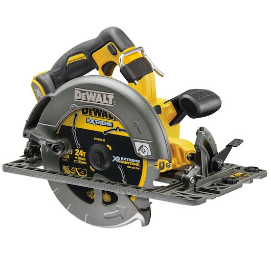 DEWALT DCS579NT cordless circular saw with brushless motor and ergonomic handle, for precise wood cutting.