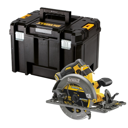 DEWALT circular saw with black storage case, both in yellow and black colors, displayed on a white background.
