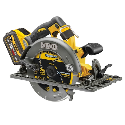 DEWALT cordless circular saw with 18V/54V XR FLEXVOLT battery and brushless motor, designed for precise cutting tasks.
