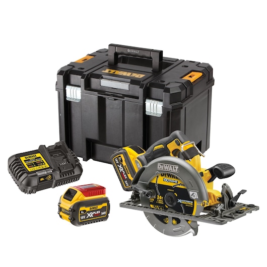 DEWALT cordless circular saw kit with batteries, charger, and black storage case.