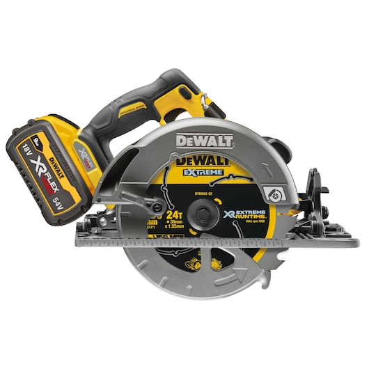 DEWALT cordless circular saw with XR FLEXVOLT battery, black and yellow, front side view.