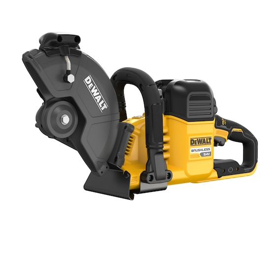 DEWALT DCS691N cordless brushless 54V cut-off saw with yellow and black casing, shown on white background.
