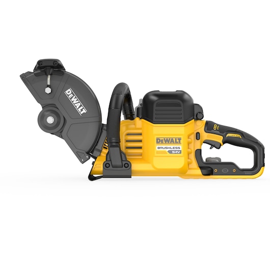 DEWALT 54V cordless brushless cut-off saw, yellow and black, with side handle and blade guard.