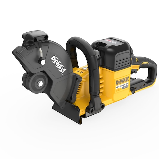 DEWALT 54V brushless cutoff saw, yellow and black, with handle and blade guard.