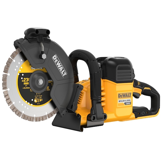 DeWalt cordless brushless cut-off saw with 230mm blade, yellow and black body, ergonomic handle.