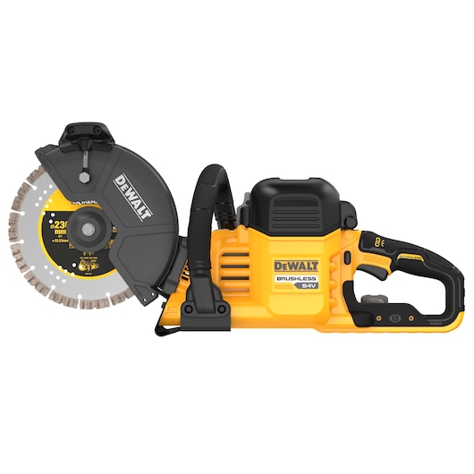 DEWALT 54V cordless brushless cut-off saw with protective cover, side handle, and cutting blade.