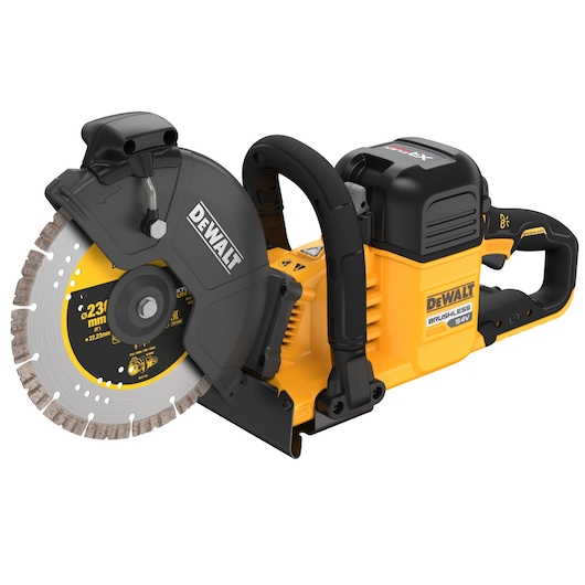 DEWALT cordless brushless 54V cut-off saw with a 230mm blade, shown in yellow and black.