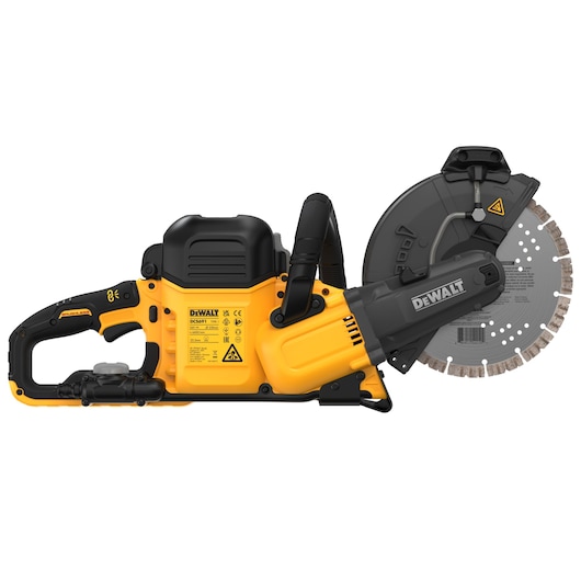 DEWALT DCS691X2 yellow and black cordless cut-off saw with circular blade, side view.