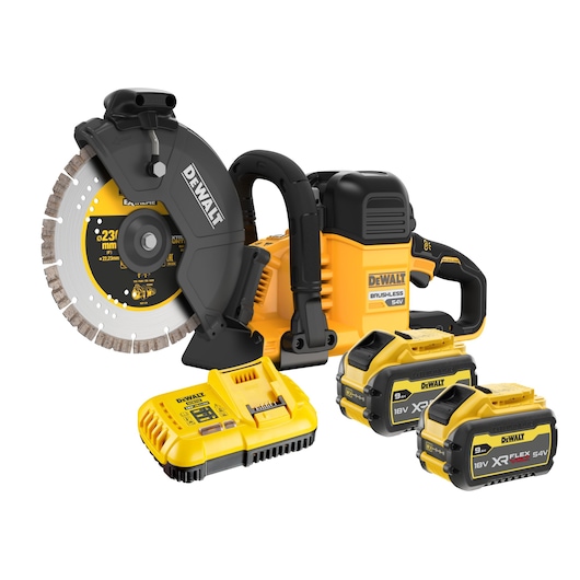A DEWALT cordless brushless cut-off saw kit with a 230mm disc, shown with two 18V/54V XR FlexVolt batteries and a yellow battery charger.