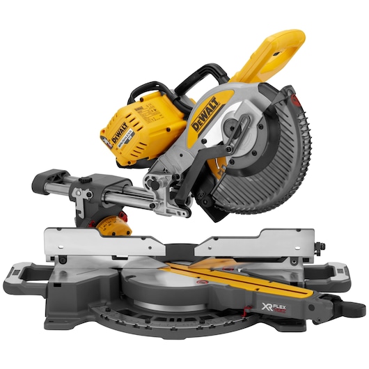 DEWALT DCS727N sliding miter saw with yellow and black design, used for precise wood cutting tasks.