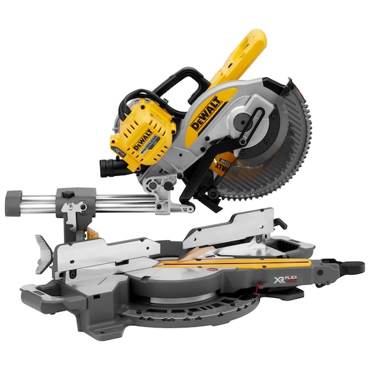 DEWALT DCS727N cordless miter saw with yellow and black design, used for precise wood cutting.