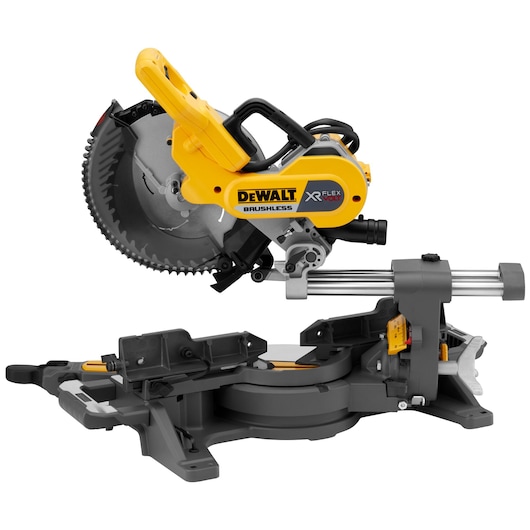 DEWALT XR FLEXVOLT brushless sliding miter saw with yellow and gray body, blade exposed.
