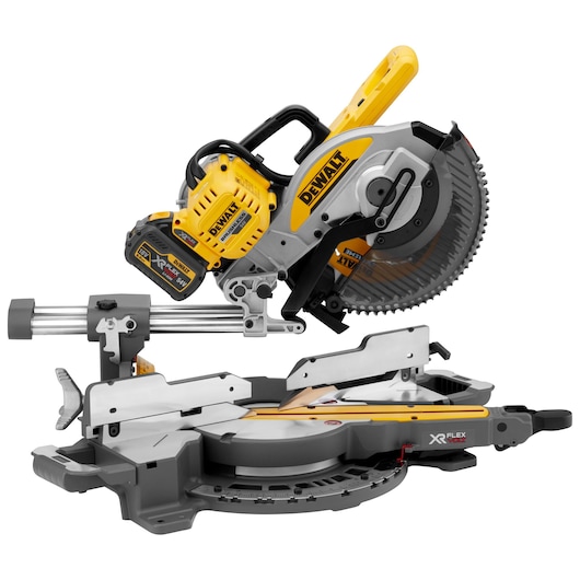 DEWALT DCS727T2 XR FlexVolt cordless sliding compound miter saw with yellow and black accents, showing dual battery pack and adjustable cutting arm.
