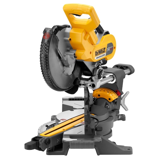 A DEWALT cordless brushless miter saw with a yellow and black design, featuring a sliding mechanism and a prominent handle, shown on a plain white background.