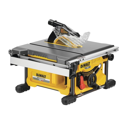 A DEWALT-branded portable table saw with a yellow and black body, brushless motor, and clear blade guard. It features measurement markings, adjustment knobs, and is designed for woodworking tasks.