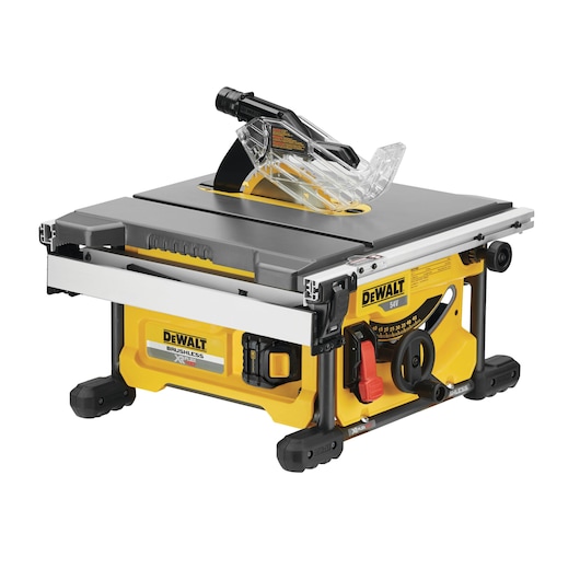 DEWALT DCS7485 portable table saw with blade guard and adjustable fence.